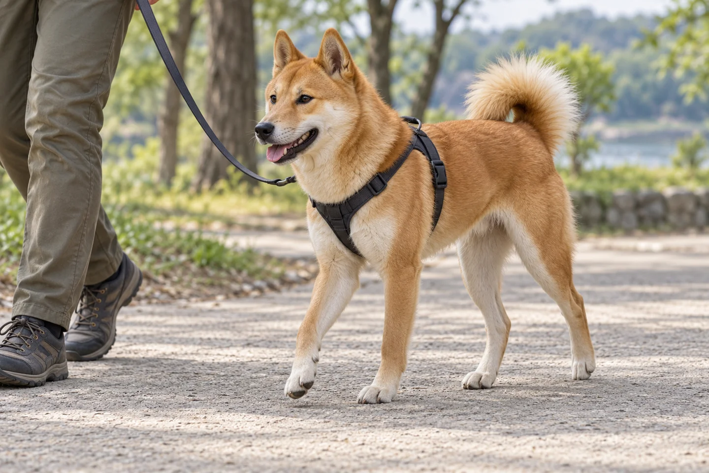 Jindo adult walking in a harness beside an adult handler, showing the selected breed type
