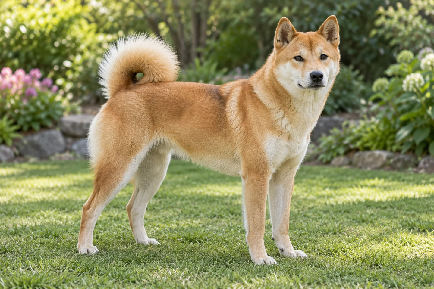 Jindo adult standing in a quiet outdoor setting, showing the selected breed type