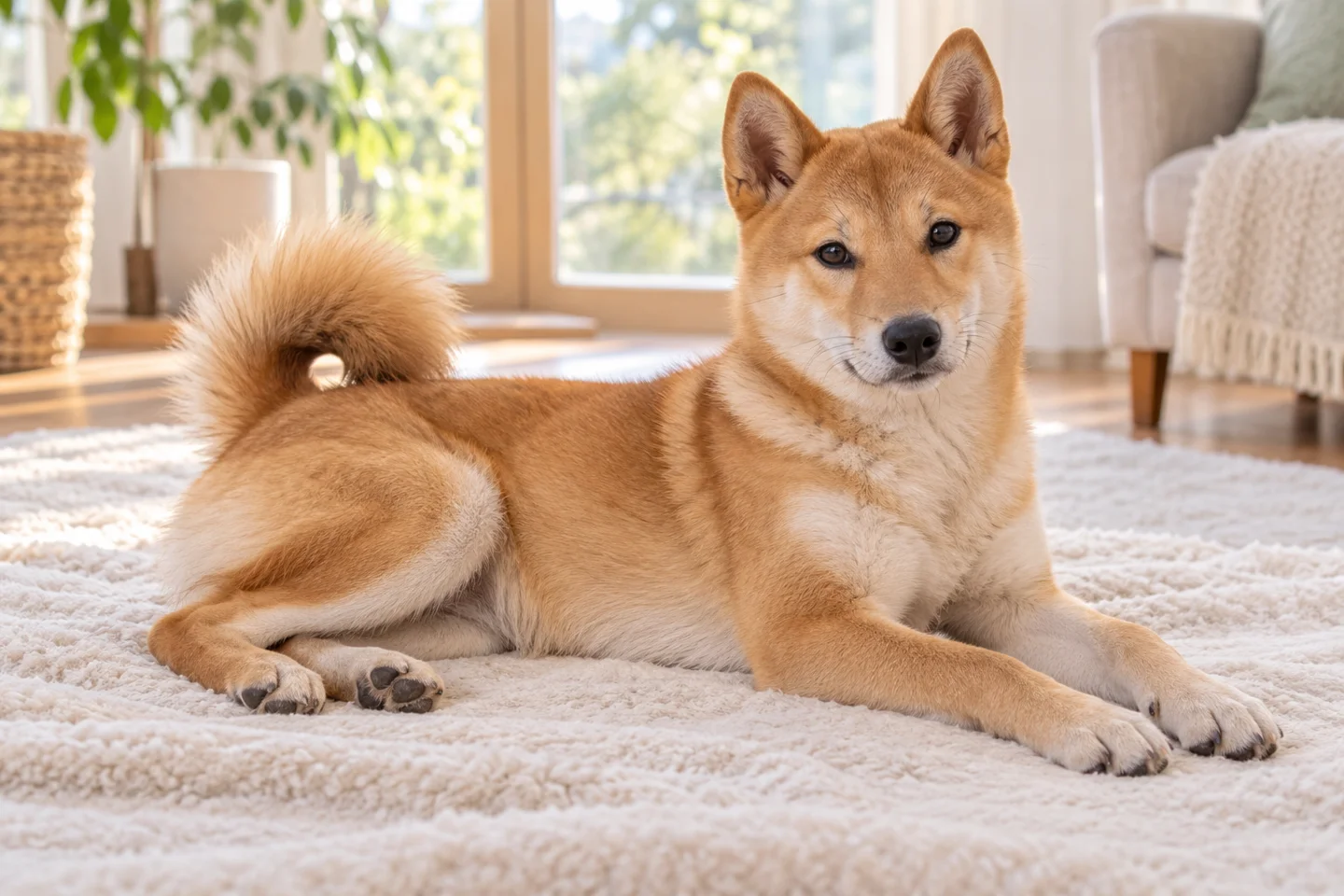Jindo young dog resting indoors, showing the selected breed type
