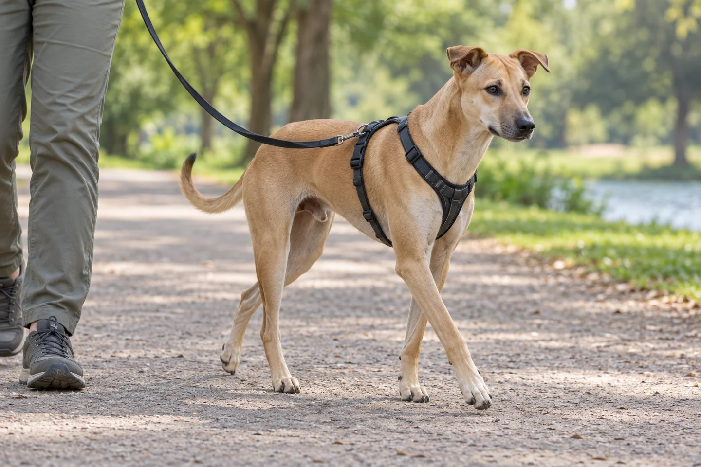 Fawn Jonangi-type dog walking on a slack lead beside an adult handler