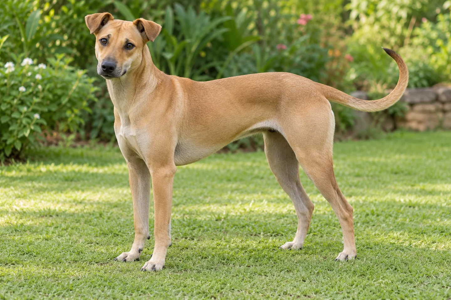 Fawn Jonangi-type dog with a very short fine coat standing on grass