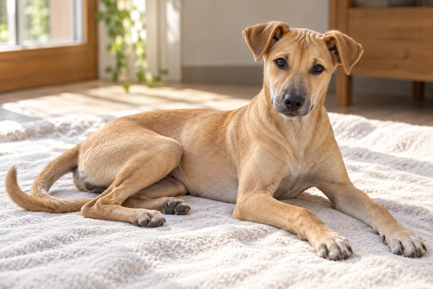 Young fawn Jonangi-type puppy resting on a pale indoor blanket