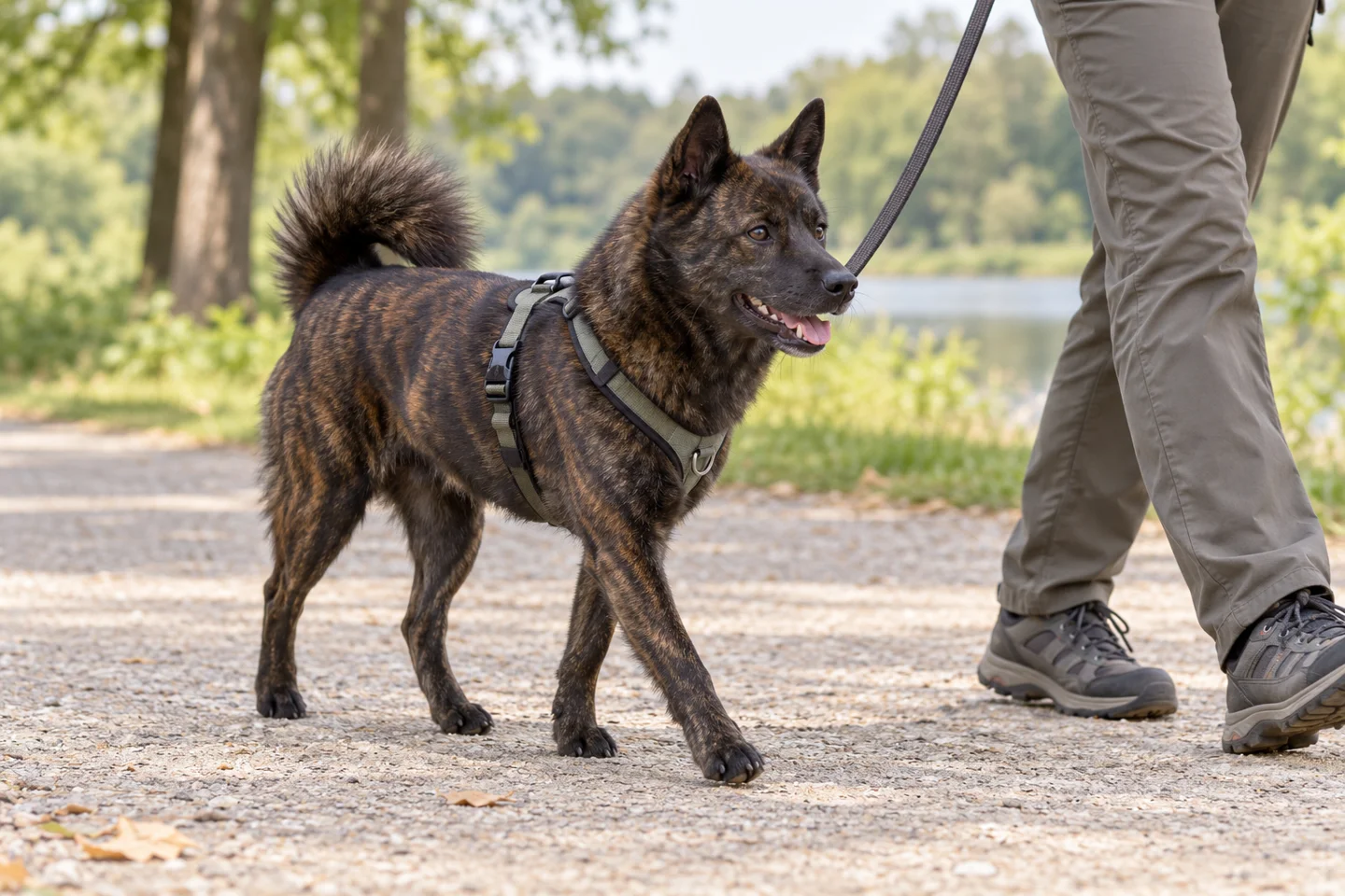 Kai Ken adult walking in a harness beside an adult handler, showing the selected breed type