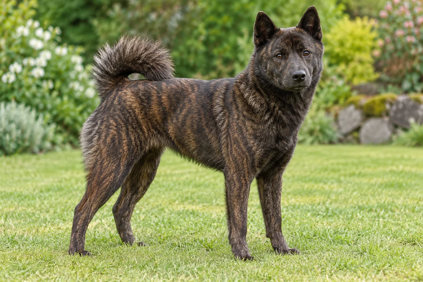 Kai Ken adult standing in a quiet outdoor setting, showing the selected breed type