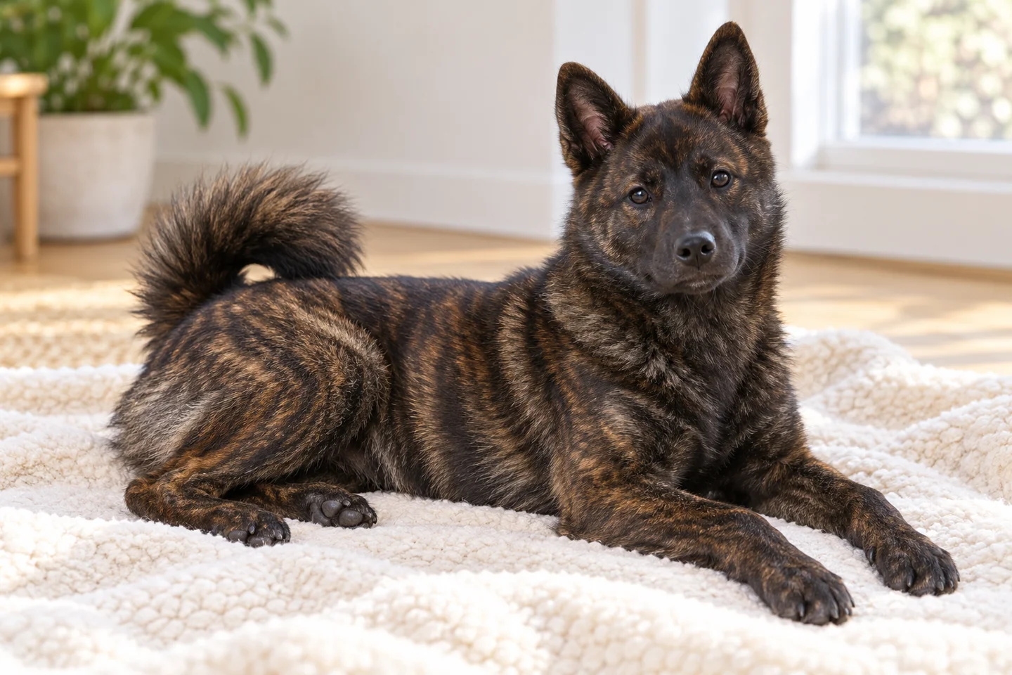 Kai Ken young dog resting indoors, showing the selected breed type