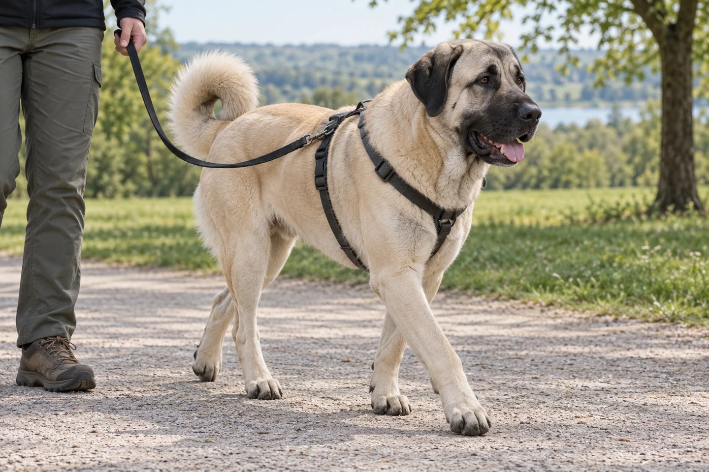 Kangal Shepherd Dog adult walking in a harness beside an adult handler, showing the selected breed type
