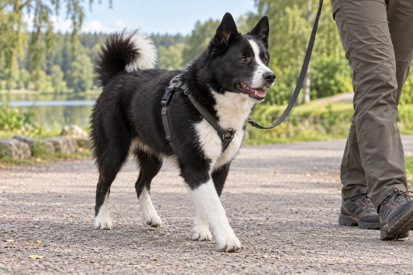 Karelian Bear Dog adult walking in a harness beside an adult handler, showing the selected breed type
