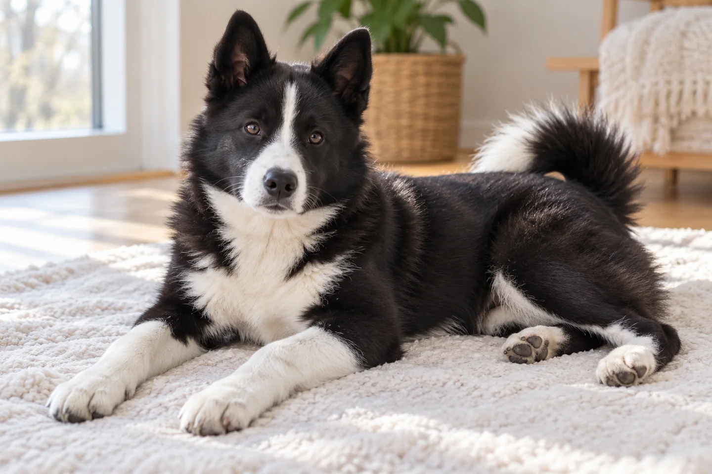 Karelian Bear Dog young dog resting indoors, showing the selected breed type