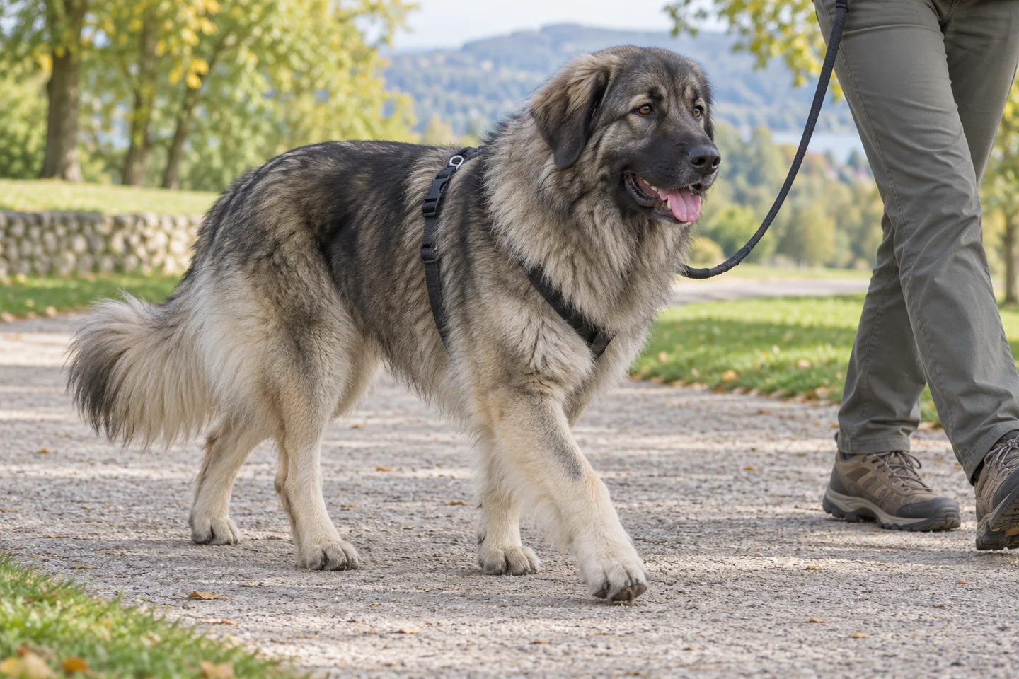 Karst Shepherd Dog adult walking in a harness beside an adult handler, showing the selected breed type