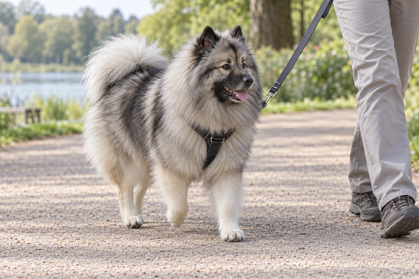 Keeshond adult walking in a harness beside an adult handler, showing the selected breed type