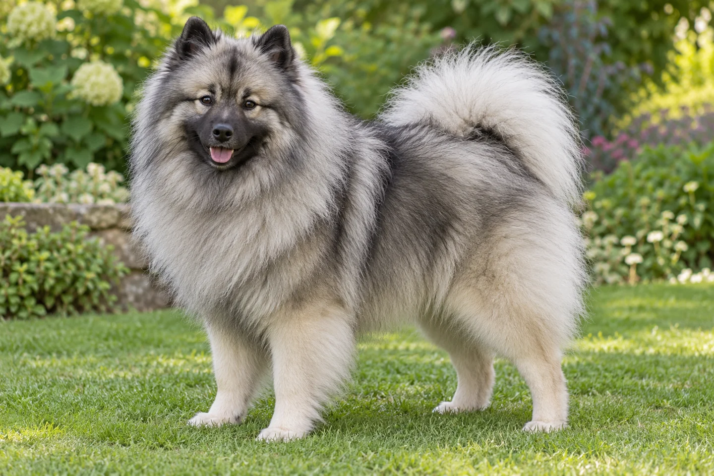 Keeshond adult standing in a quiet outdoor setting, showing the selected breed type
