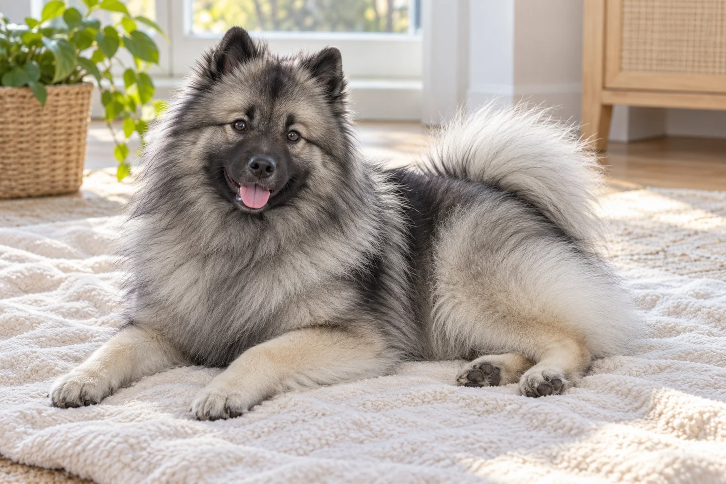 Keeshond young dog resting indoors, showing the selected breed type
