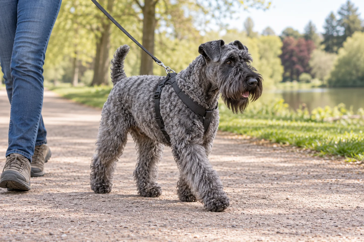 Kerry Blue Terrier adult walking in a harness beside an adult handler, showing the selected breed type