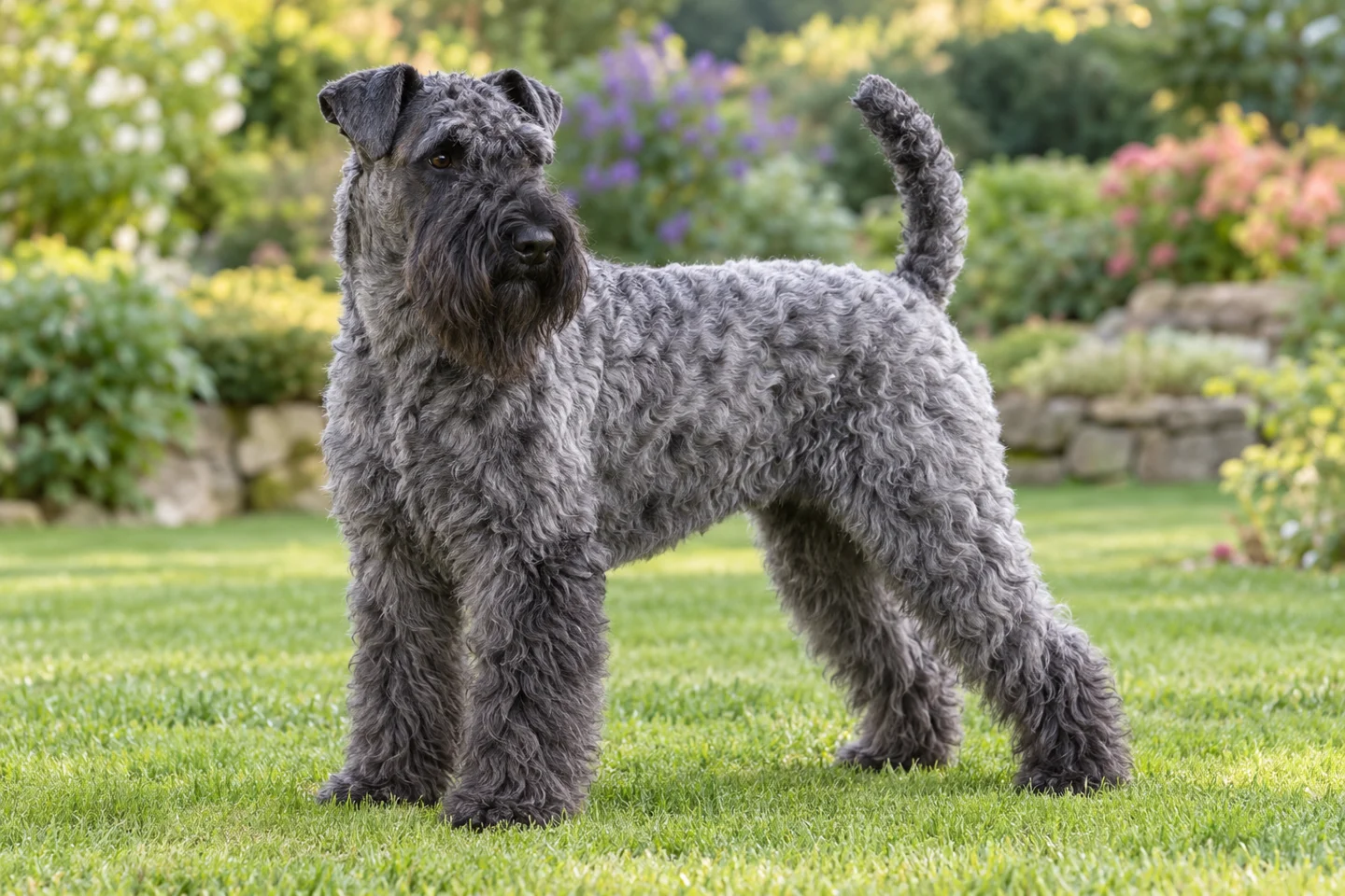 Kerry Blue Terrier adult standing in a quiet outdoor setting, showing the selected breed type