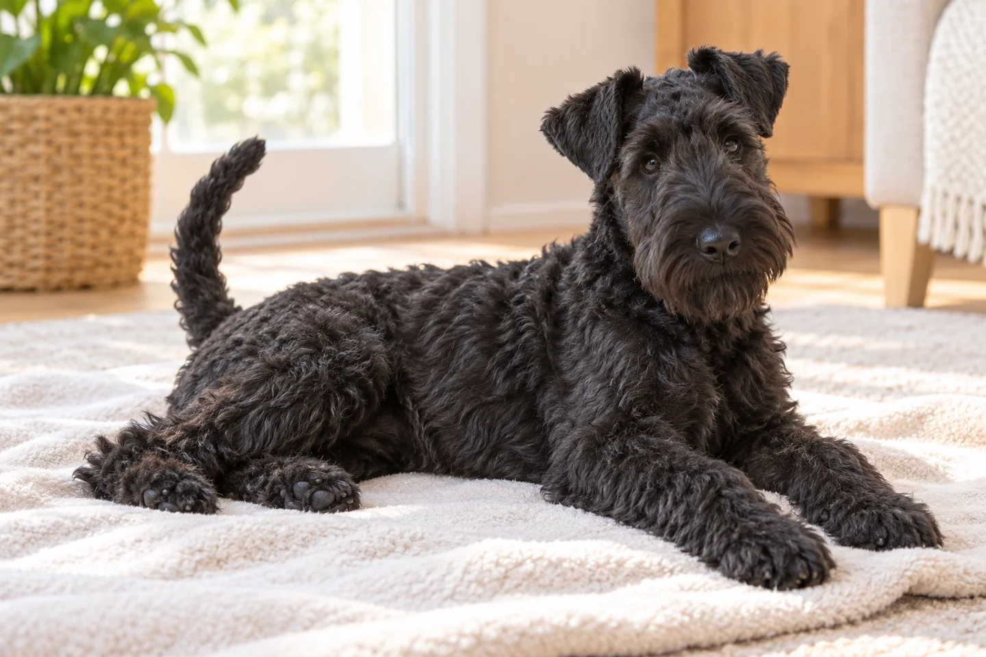 Kerry Blue Terrier young dog resting indoors, showing the selected breed type