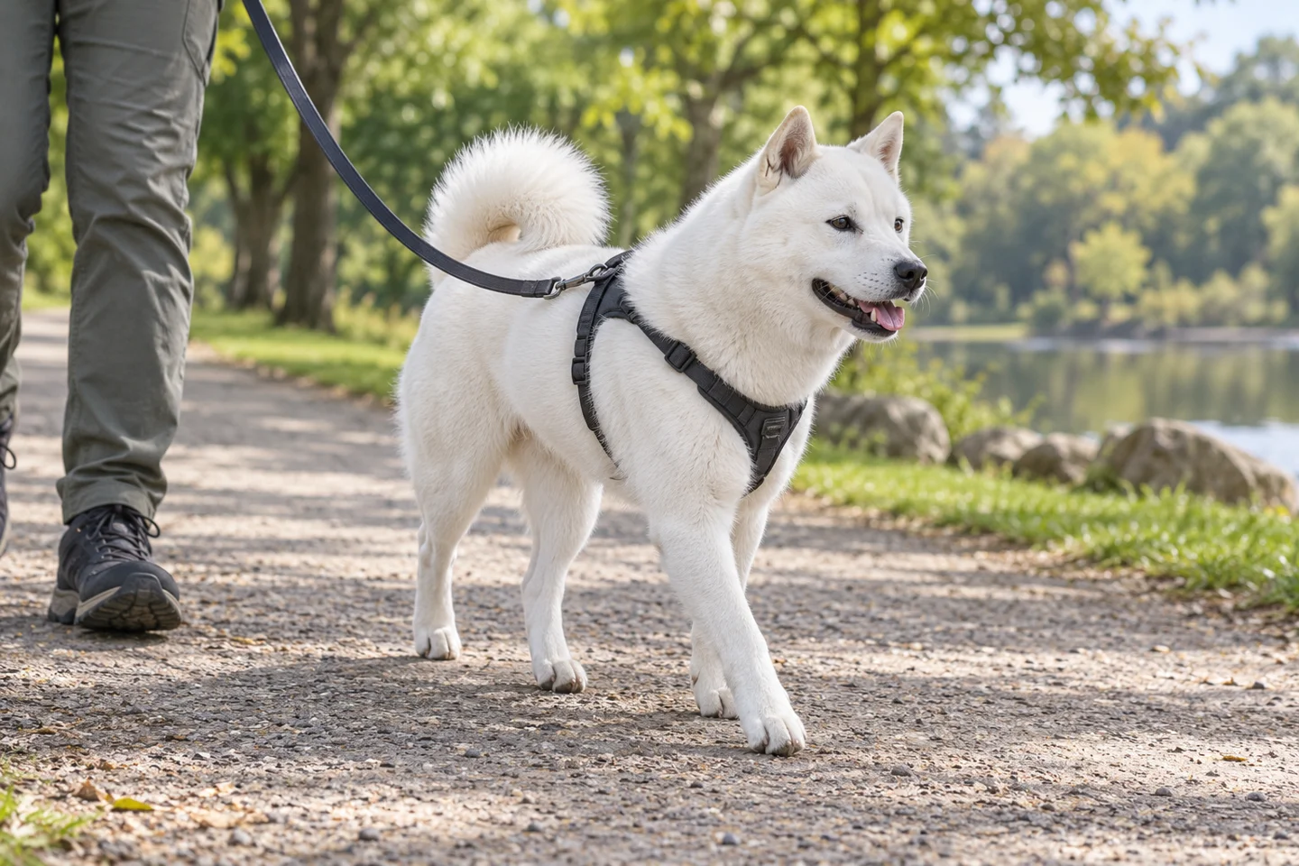 Kishu Ken adult walking in a harness beside an adult handler, showing the selected breed type