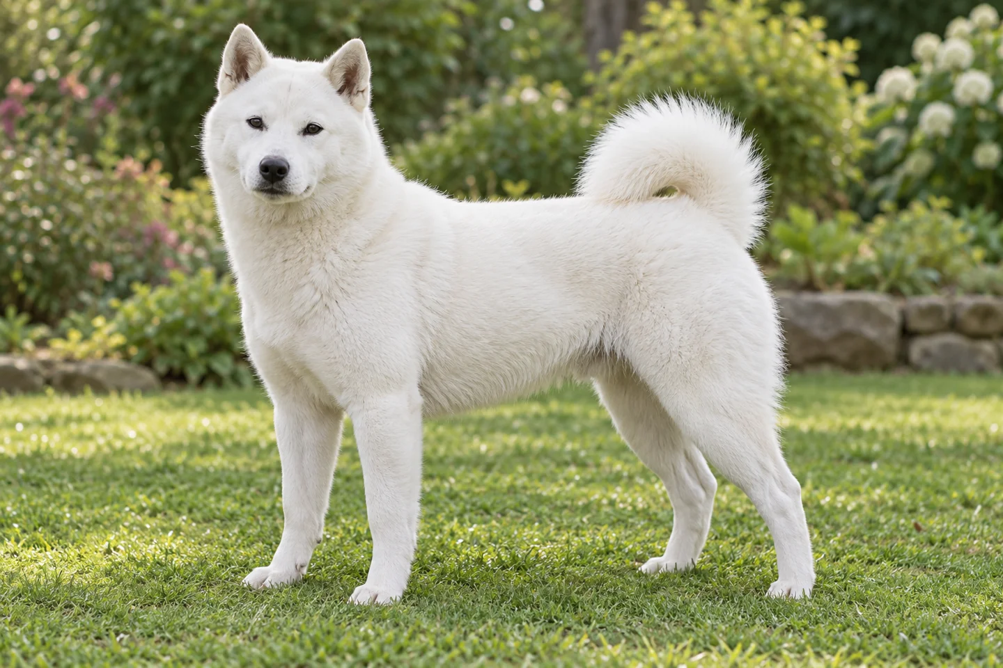 Kishu Ken adult standing in a quiet outdoor setting, showing the selected breed type