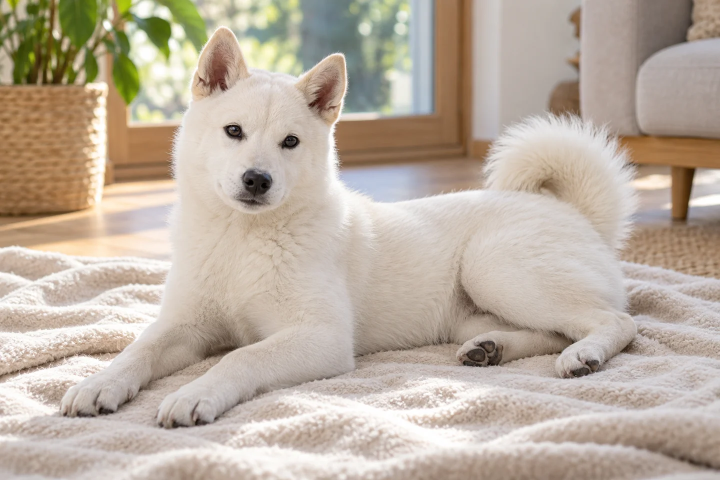 Kishu Ken young dog resting indoors, showing the selected breed type