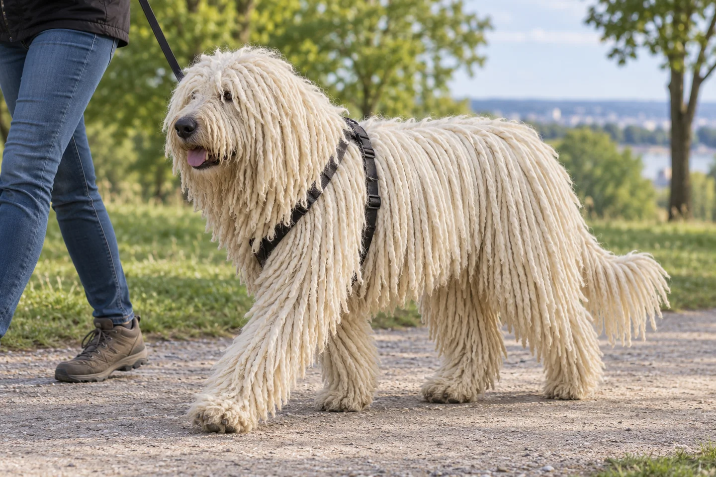Komondor adult walking in a harness beside an adult handler, showing the selected breed type