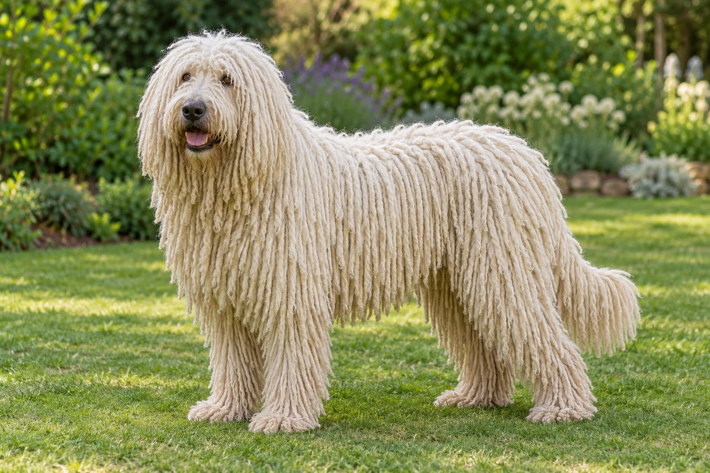 Komondor adult standing in a quiet outdoor setting, showing the selected breed type