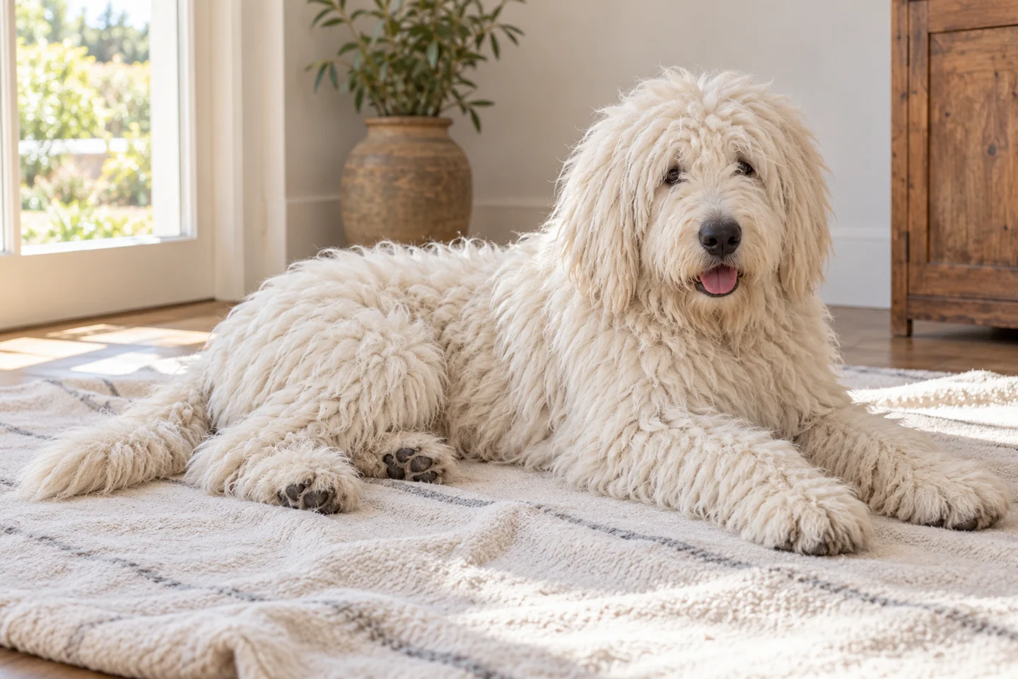 Komondor young dog resting indoors, showing the selected breed type