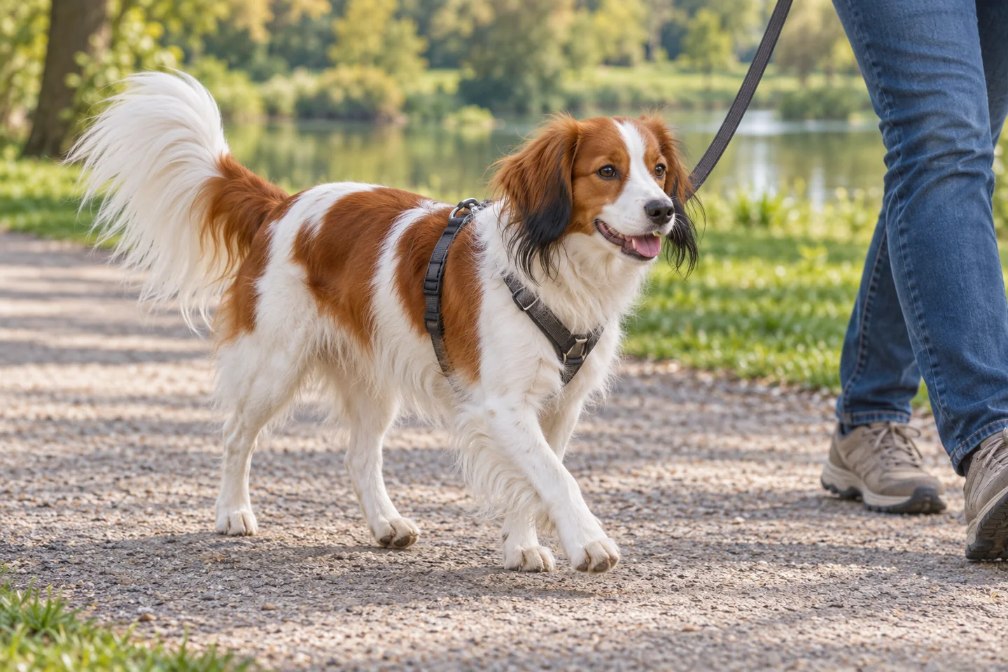 Kooikerhondje adult walking in a harness beside an adult handler, showing the selected breed type