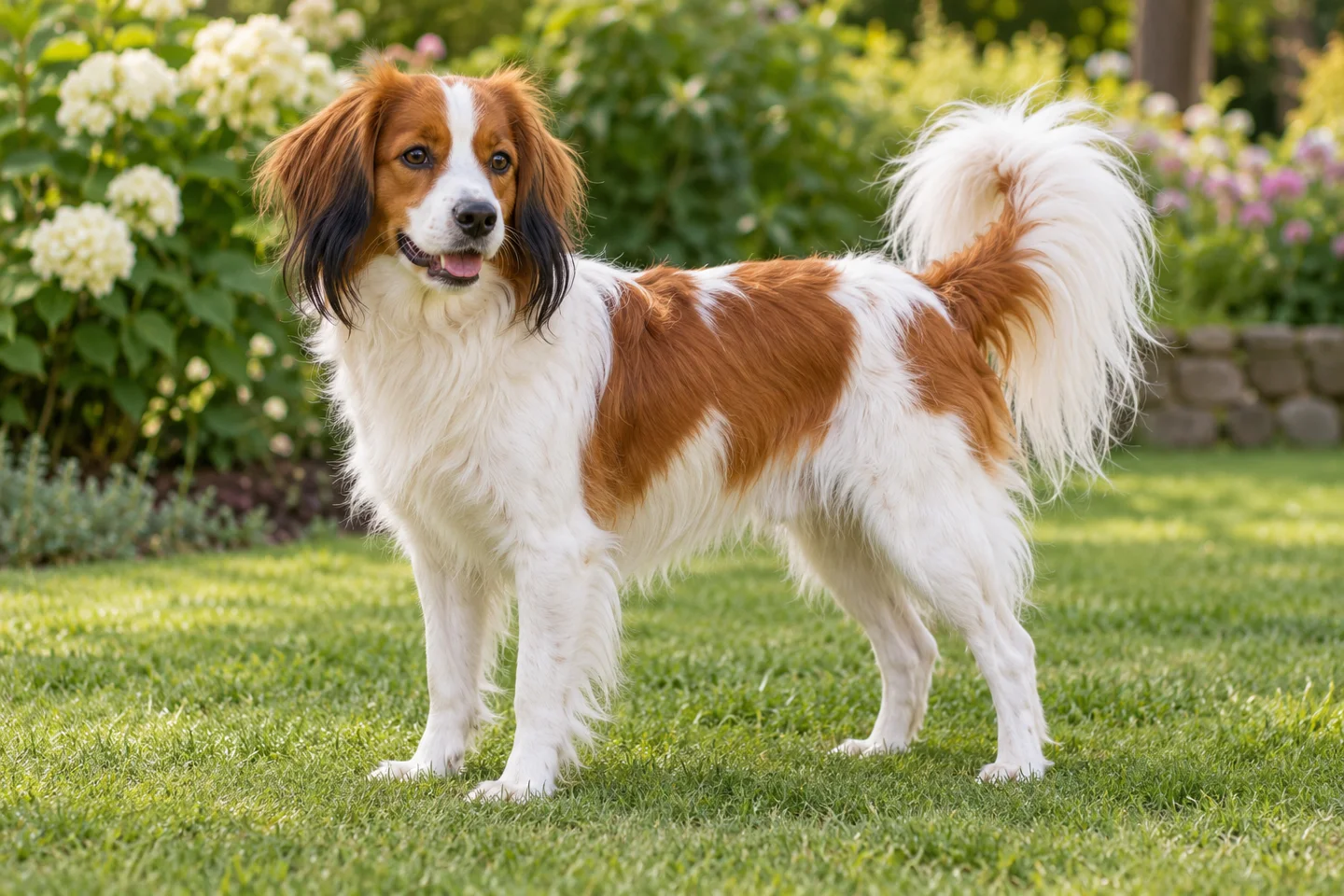 Kooikerhondje adult standing in a quiet outdoor setting, showing the selected breed type
