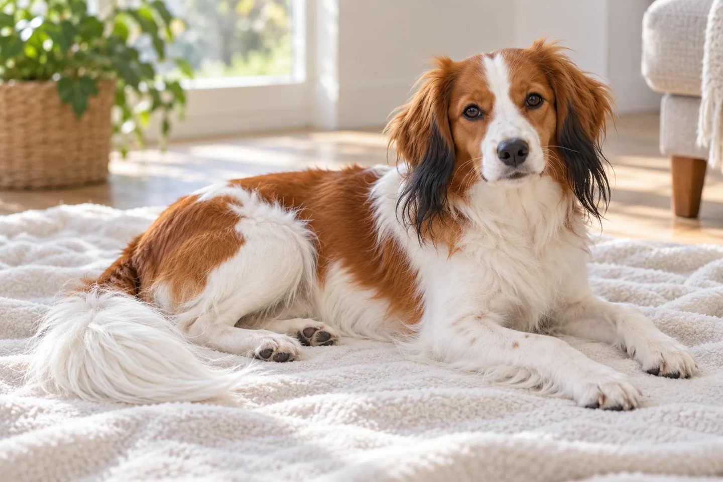 Kooikerhondje young dog resting indoors, showing the selected breed type