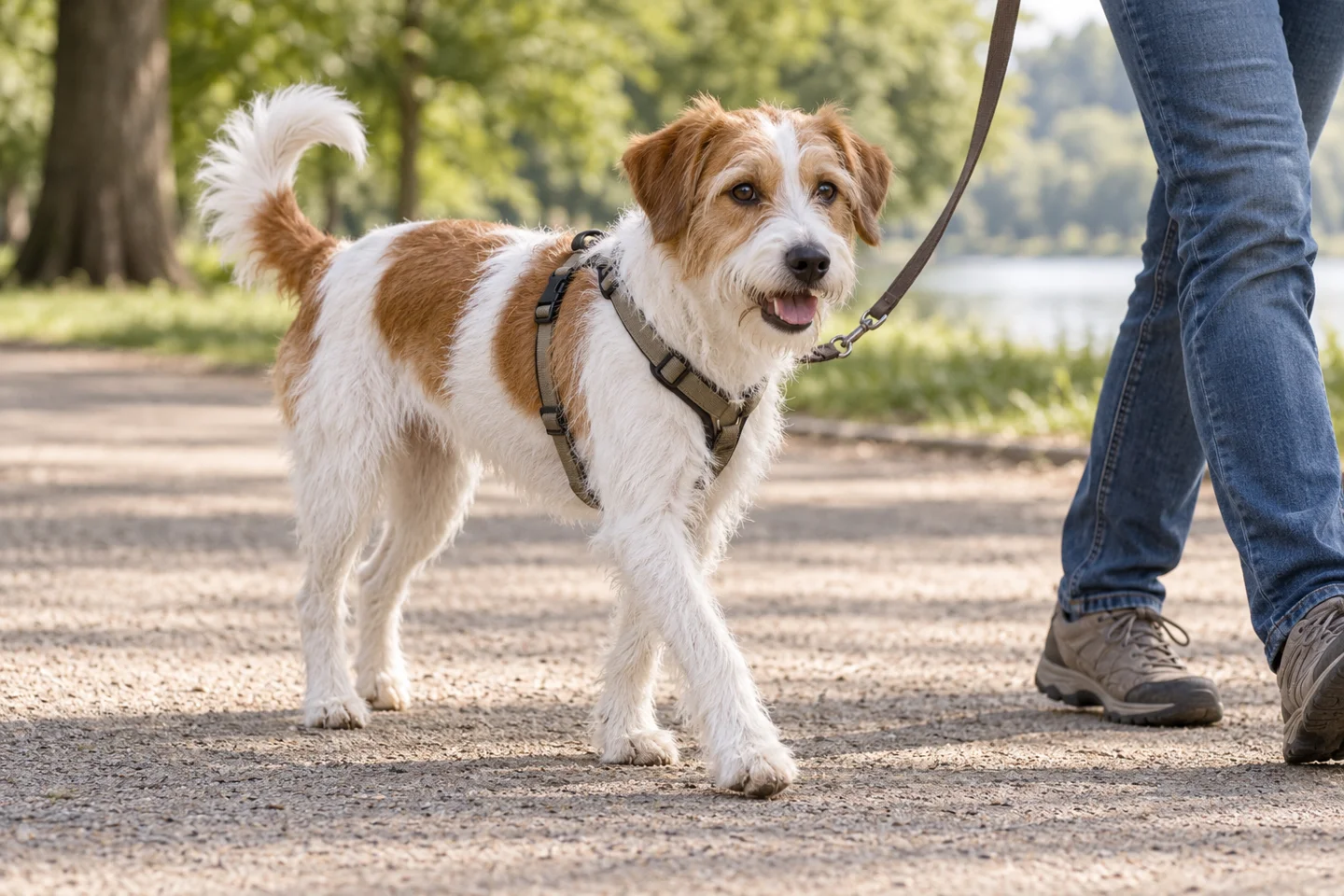 Kromfohrländer adult walking in a harness beside an adult handler, showing the selected breed type