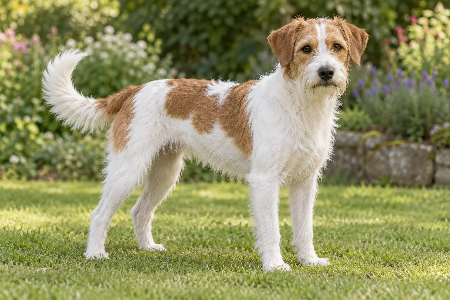 Kromfohrländer adult standing in a quiet outdoor setting, showing the selected breed type