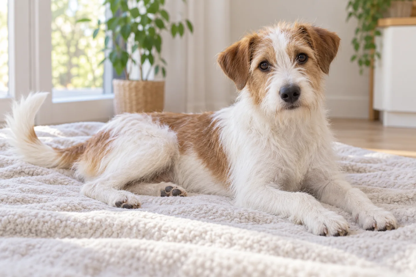 Kromfohrländer young dog resting indoors, showing the selected breed type