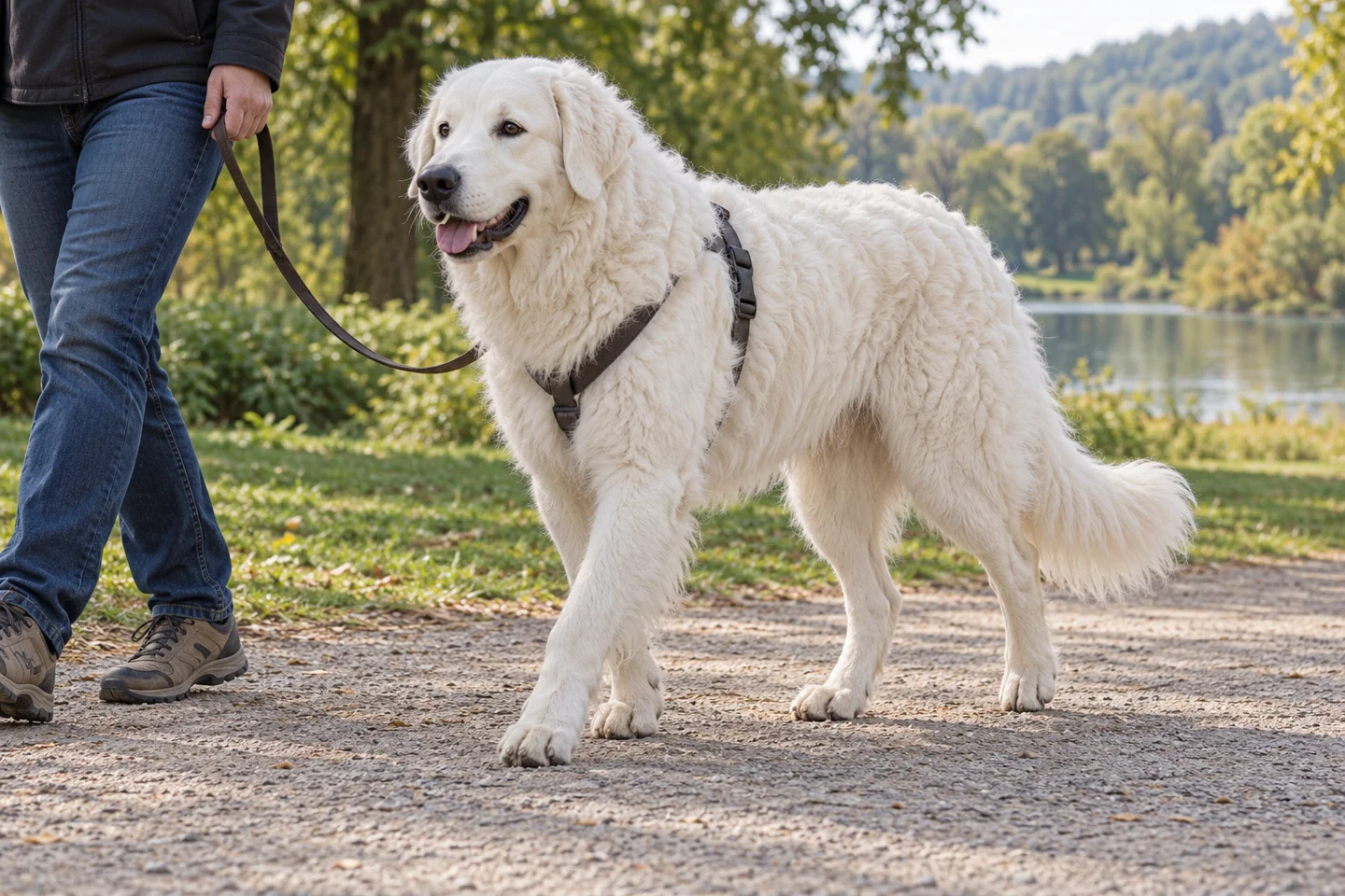 Kuvasz adult walking in a harness beside an adult handler, showing the selected breed type