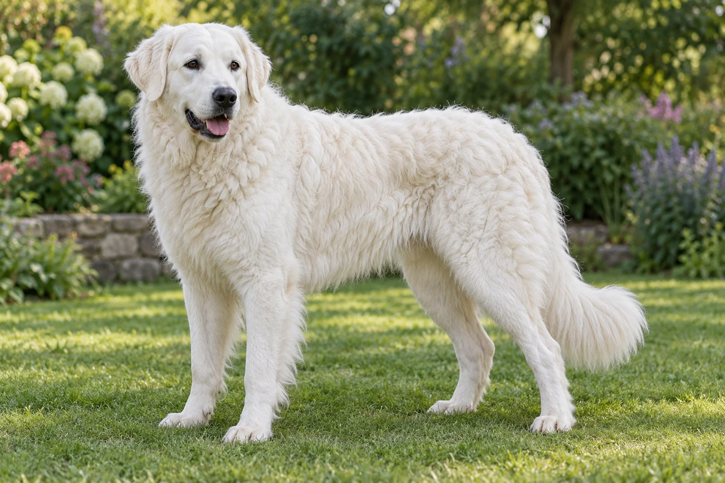 Kuvasz adult standing in a quiet outdoor setting, showing the selected breed type