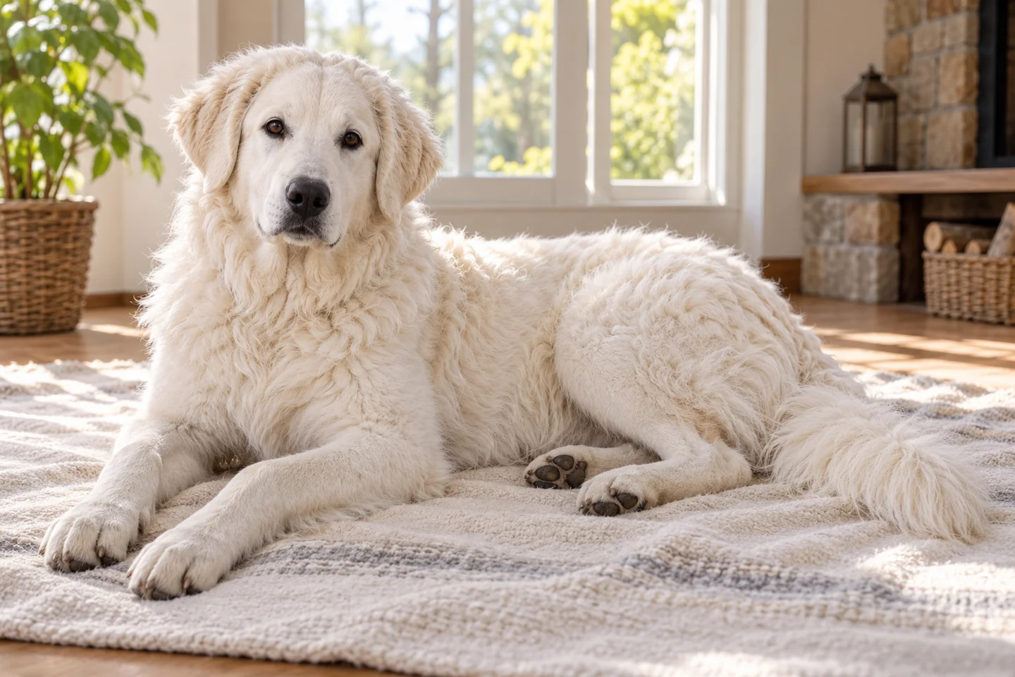 Kuvasz young dog resting indoors, showing the selected breed type