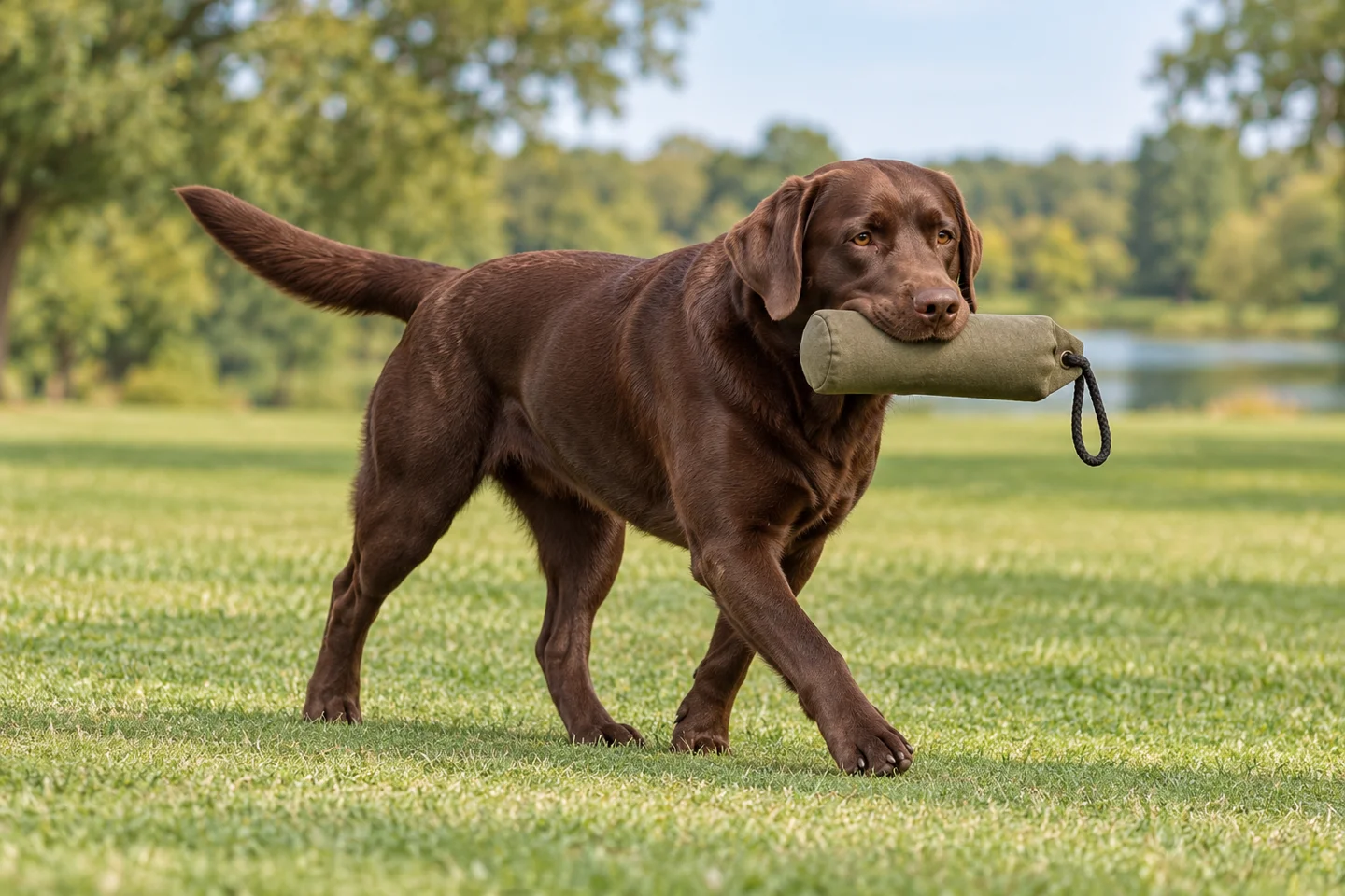 Chocolate Labrador Retriever carrying a retrieving dummy on grass