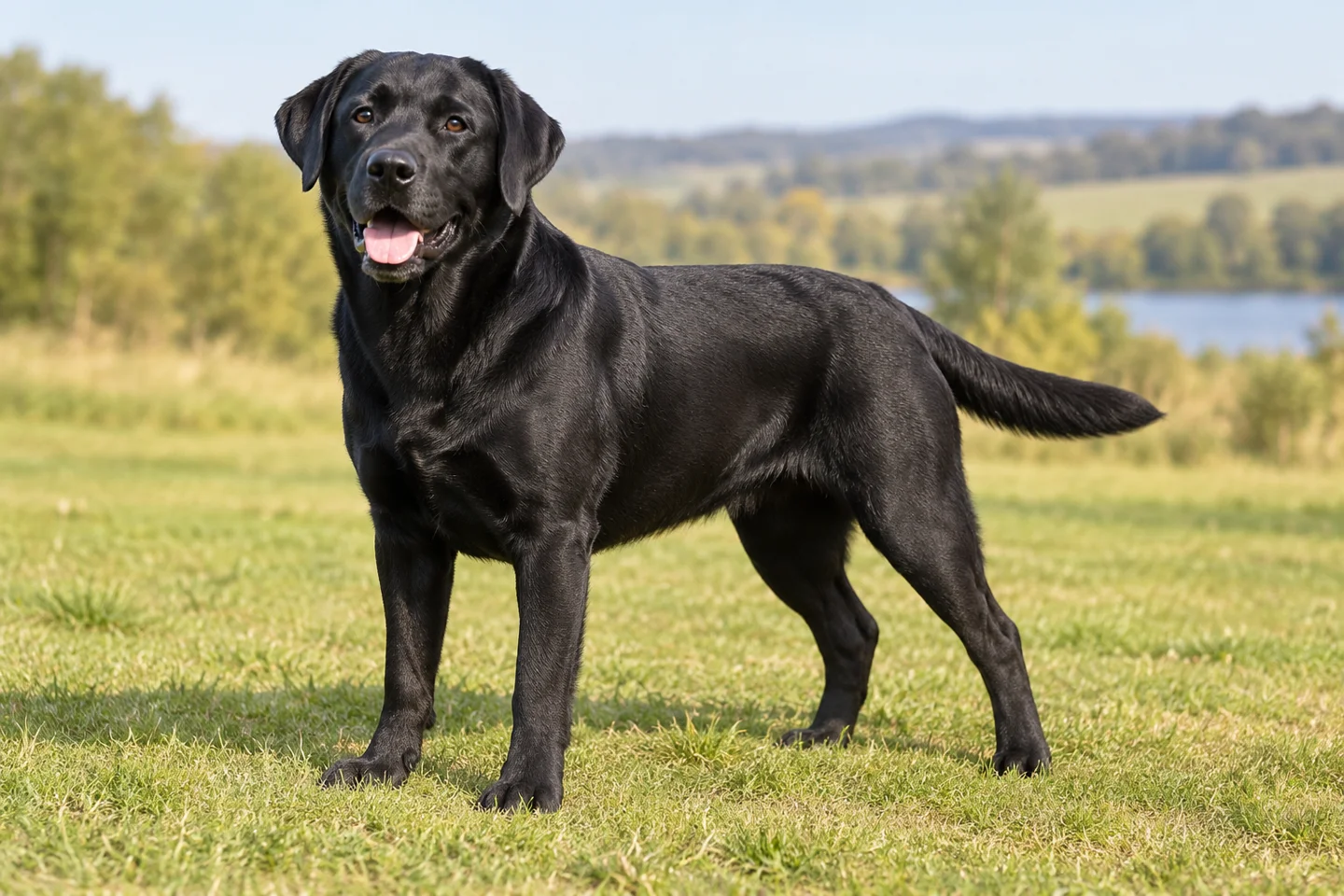 Adult black Labrador Retriever with a short coat standing on grass
