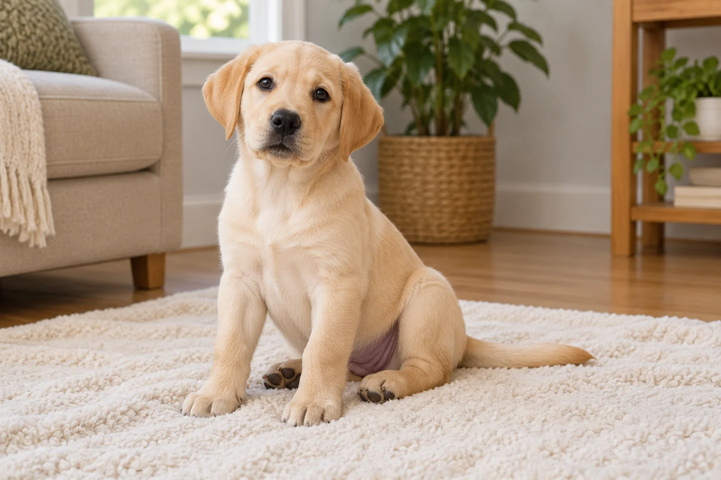 Yellow Labrador Retriever puppy sitting beside a sofa