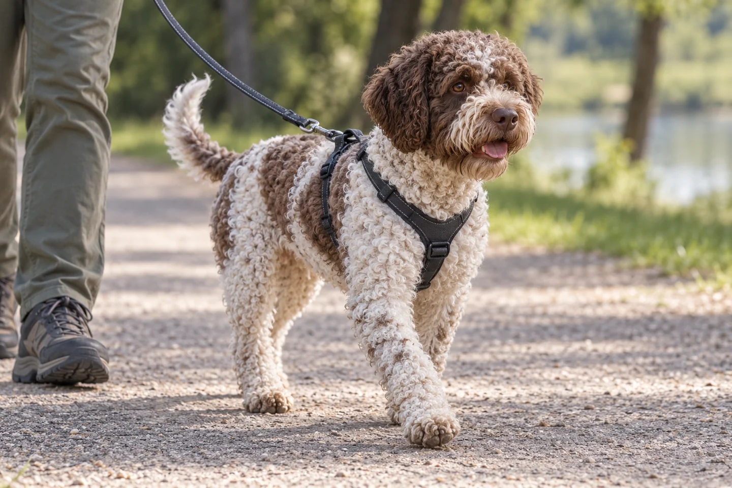 Lagotto Romagnolo adult walking in a harness beside an adult handler, with breed-specific coat and natural anatomy