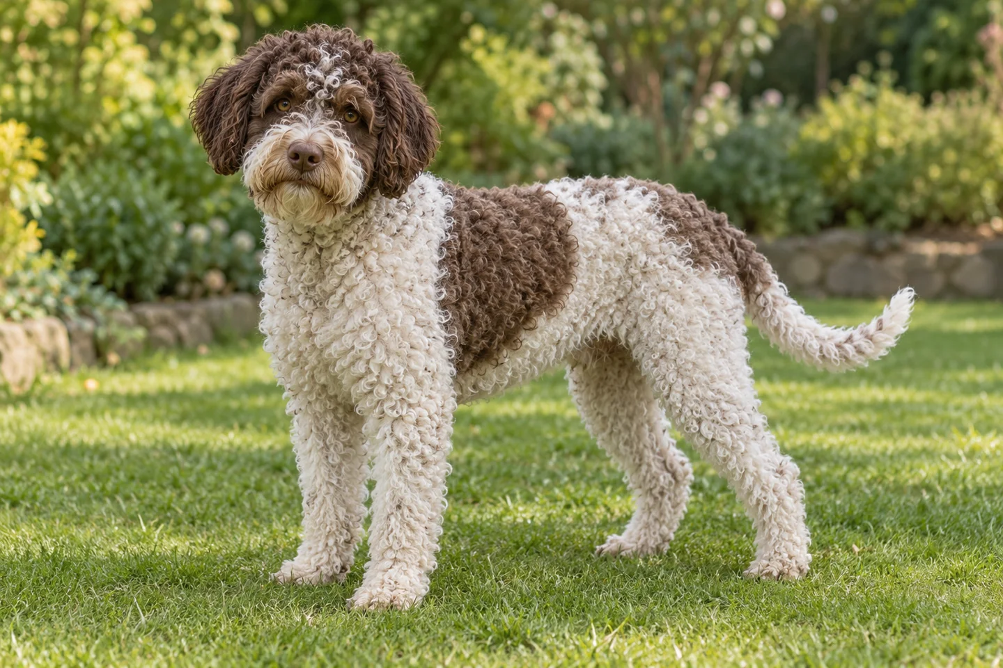 Lagotto Romagnolo adult standing naturally outdoors, with breed-specific coat and natural anatomy