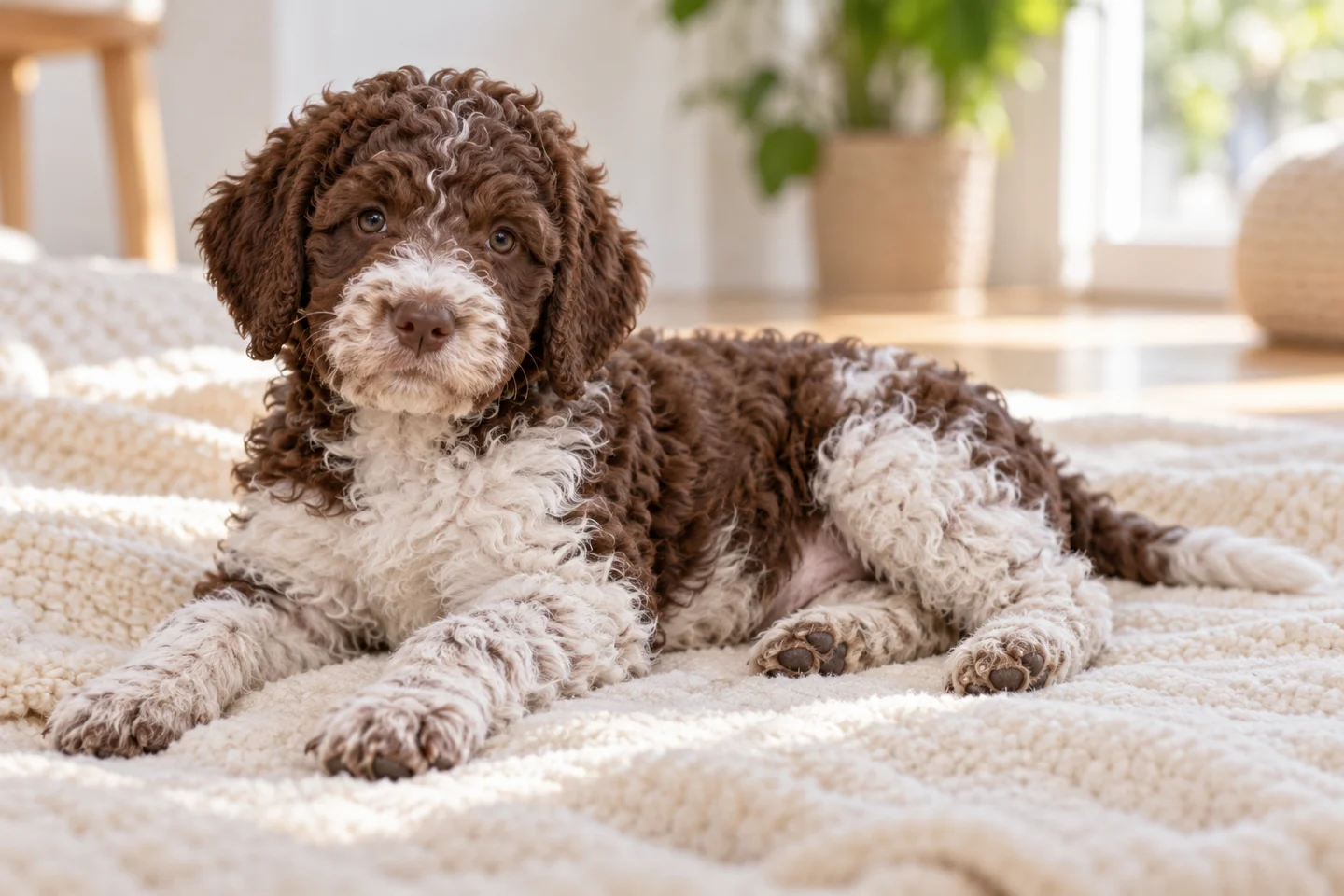 Lagotto Romagnolo older puppy resting on a blanket indoors, with breed-specific coat and natural anatomy