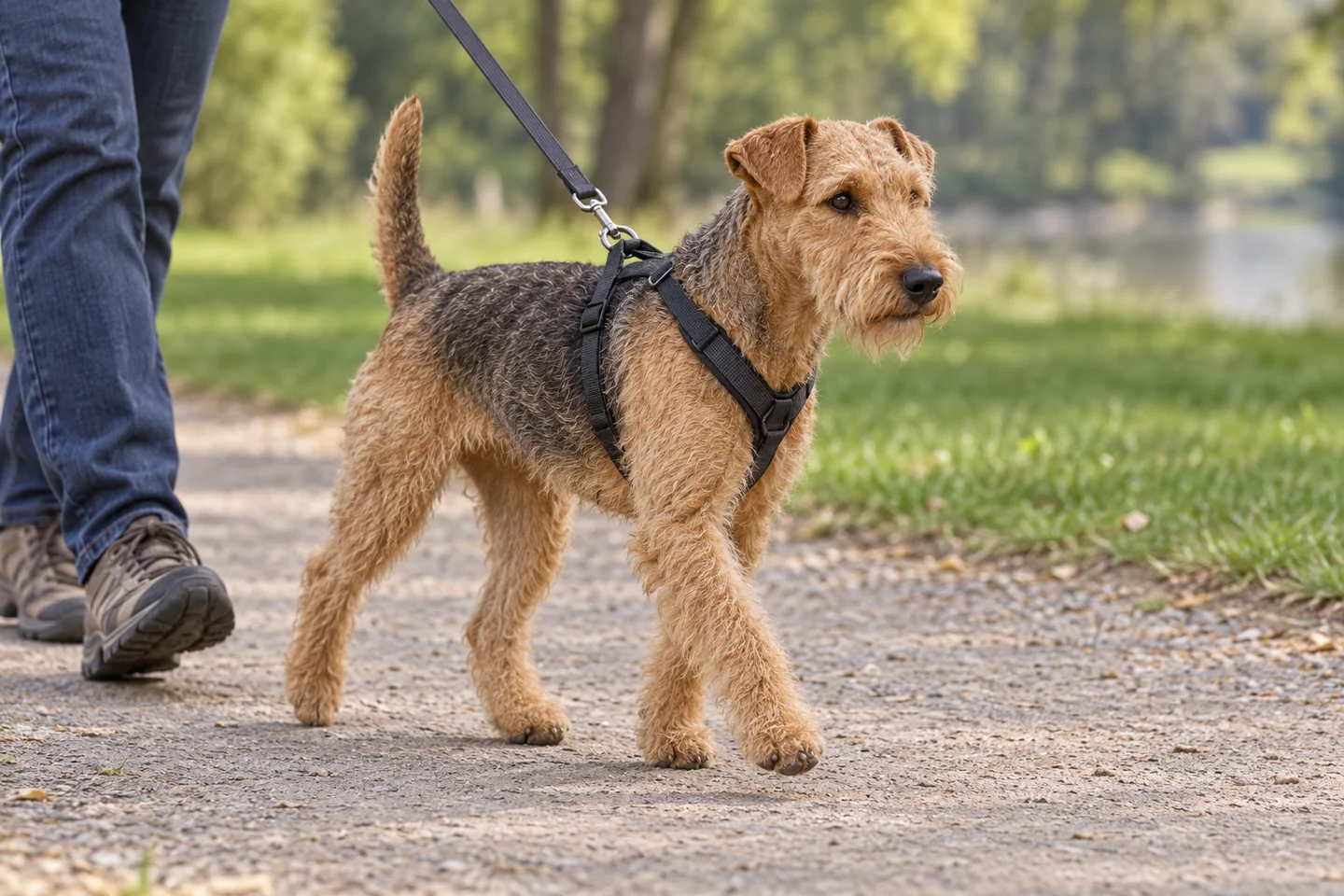 Lakeland Terrier adult walking in a harness beside an adult handler, with breed-specific coat and natural anatomy