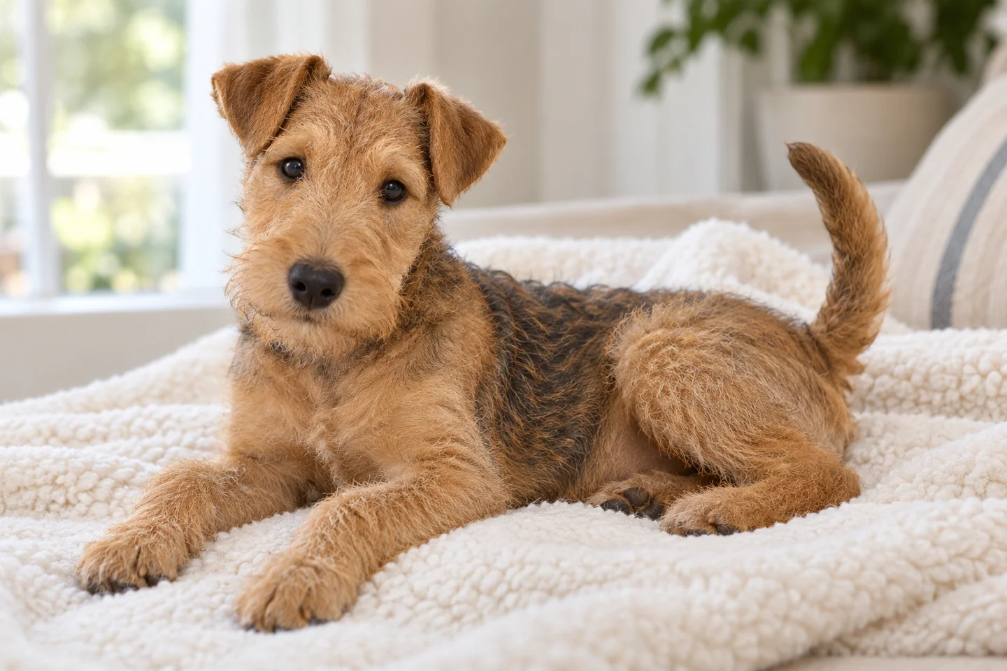 Lakeland Terrier older puppy resting on a blanket indoors, with breed-specific coat and natural anatomy