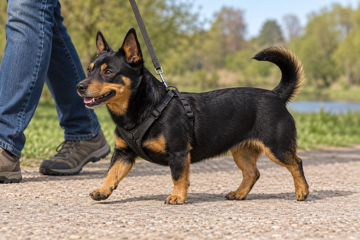 Lancashire Heeler adult walking in a harness beside an adult handler, with breed-specific coat and natural anatomy