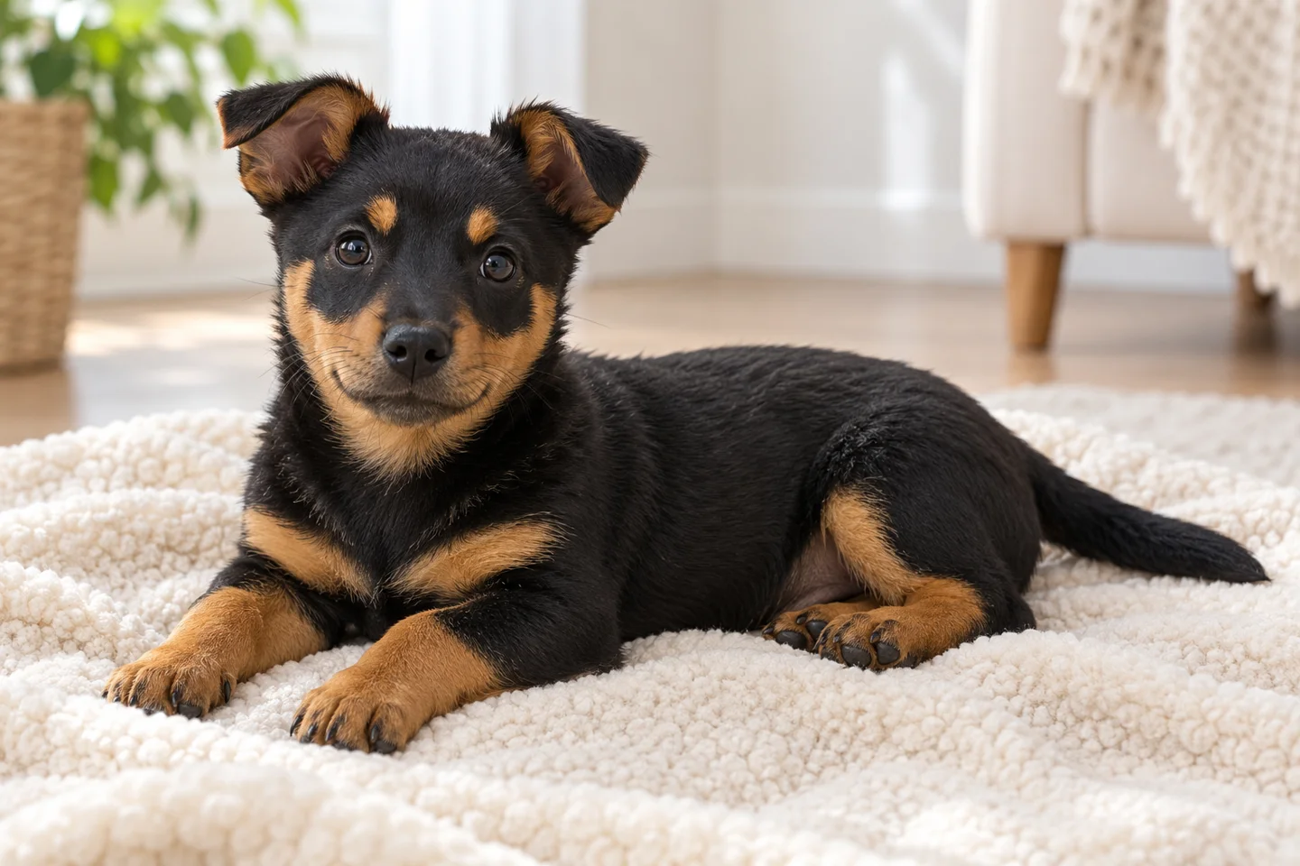 Lancashire Heeler older puppy resting on a blanket indoors, with breed-specific coat and natural anatomy