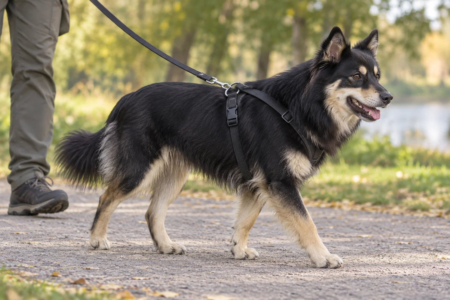 Lapponian Herder adult walking in a harness beside an adult handler, with breed-specific coat and natural anatomy