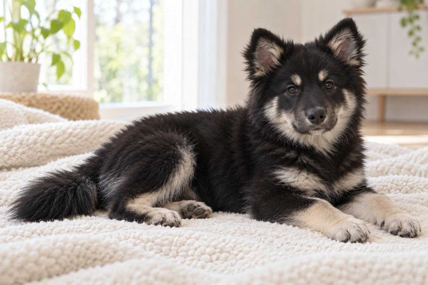 Lapponian Herder older puppy resting on a blanket indoors, with breed-specific coat and natural anatomy
