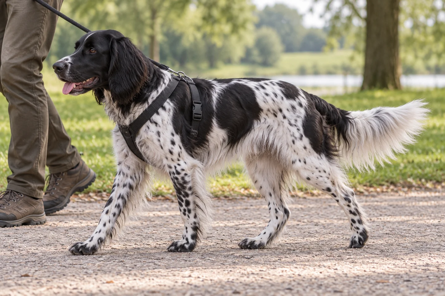 Large Münsterländer adult walking in a harness beside an adult handler, with breed-specific coat and natural anatomy