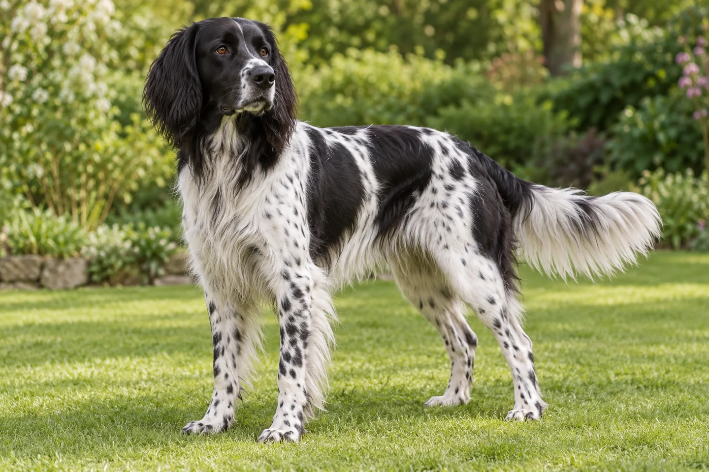 Large Münsterländer adult standing naturally outdoors, with breed-specific coat and natural anatomy