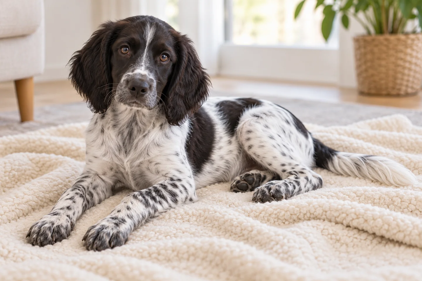 Large Münsterländer older puppy resting on a blanket indoors, with breed-specific coat and natural anatomy