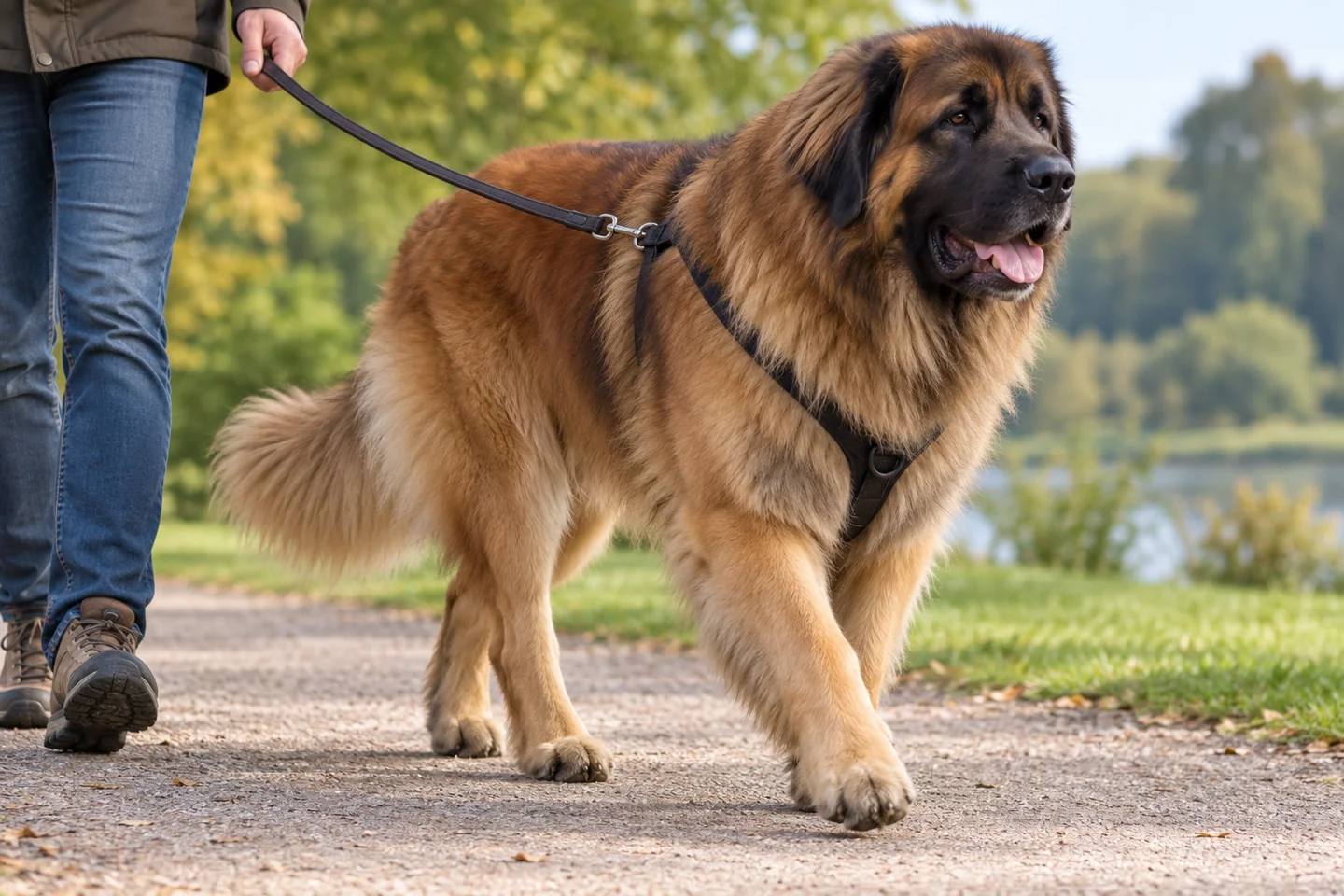 A reddish-brown Leonberger in a comfortable harness walking with an adult handler on a path